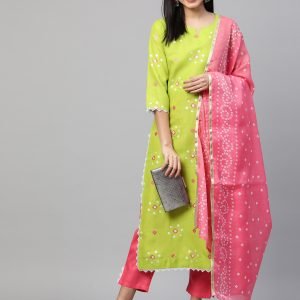 GoSriKi Women's Cotton Blend Straight Kurta with Pant & Dupatta