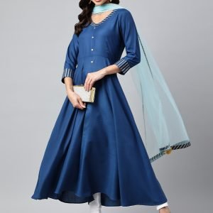 GoSriKi Women's Cotton Blend Anarkali Solid Kurta with Dupatta