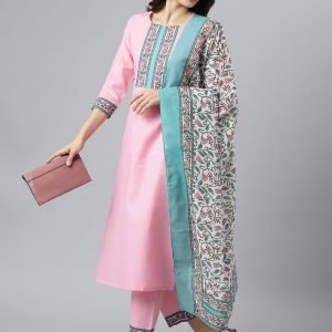 GoSriKi Women's Cotton Blend Straight Kurta with Pant & Dupatta