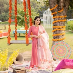 GoSriKi Women's Cotton Blend Traditional Plain Anarkali Kurta and Pant with Dupatta Set