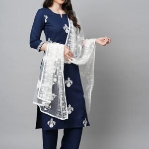 GoSriKi Women's Cotton Blend Straight Embroidered Kurta with Palazzo & Dupatta