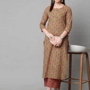 GoSriKi Women's Cotton Blend Printed Straight Kurta With Pant