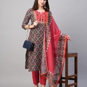 GoSriKi Women's Cotton Blend Straight Printed Kurta with Pant & Dupatta