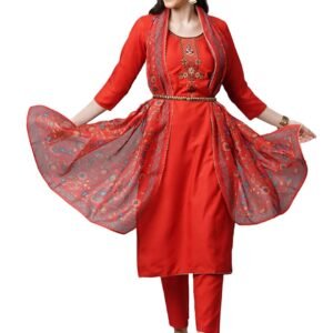 GoSriKi Women's Cotton Blend Straight Printed Kurta with Pant & Dupatta