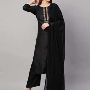 GoSriKi Women's Cotton Blend Straight Kurta with Palazzo & Dupatta