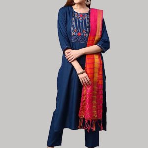 GoSriKi Women's Cotton Blend Straight Solid Kurta with Pant & Dupatta