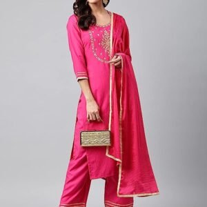 GoSriKi Women's Cotton Blend Embroidered Kurta with Pant & Dupatta