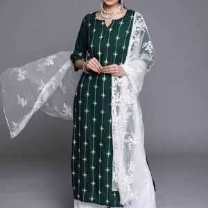 GoSriKi Women's Cotton Blend Embroidered Straight Kurta with Pant & Dupatta