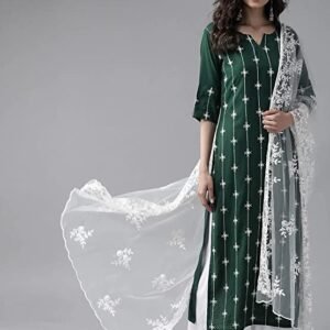 GoSriKi Women's Cotton Blend Embroidered Straight Kurta with Pant & Dupatta