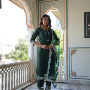 GoSriKi Women's Cotton Blend Straight Solid Kurta with Pant & Dupatta