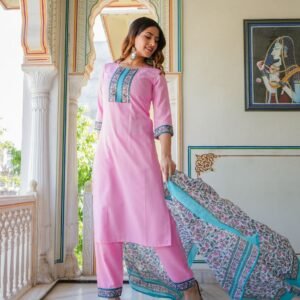 GoSriKi Women's Cotton Blend Straight Solid Kurta with Pant & Dupatta