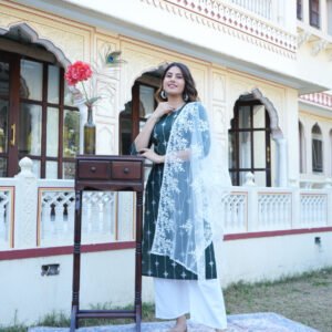 GoSriKi Women's Cotton Blend Straight Embroidered Kurta with Pant & Dupatta