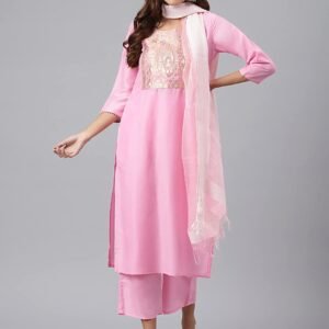 GoSriKi Women's Cotton Blend Straight Solid Kurta with Palazzo & Dupatta