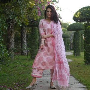 GoSriKi Women's Cotton Blend Straight Printed Kurta with Palazzo & Dupatta