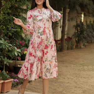 GoSriKi Women's Printed Rayon Smocked Tiered Midi Dress