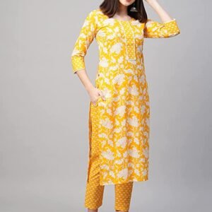 GoSriki  Women's Cotton Blend Printed Straight Kurta with Pant