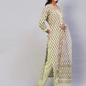 GoSriKi Women's Cotton Blend Staright Printed Kurta with Pant & Dupatta