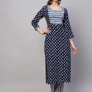 GoSriKi Women's Cotton Blend Staright Printed Kurta with Pant