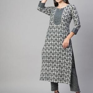 GoSriKi Women's Cotton Blend Straight Printed Kurta with Pant