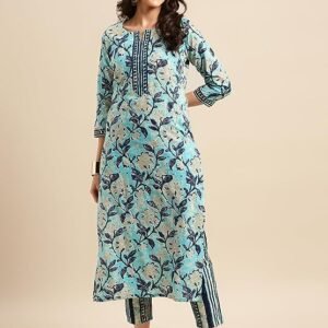 GoSriKi Women's Cotton Blend Straight Floral Printed Kurta with Pant