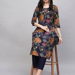 GoSriKi Women's Cotton Blend Straight Kurta With Pant