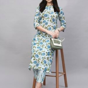 GoSriKi Women's Cotton Blend Straight Printed Kurta With Pant