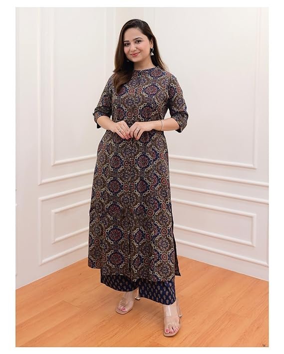 GoSriKi Women's Cotton Blend Straight Printed Kurta with Palazzo