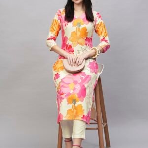 GoSriKi Women's Cotton Blend Straight Printed Kurta with Pant