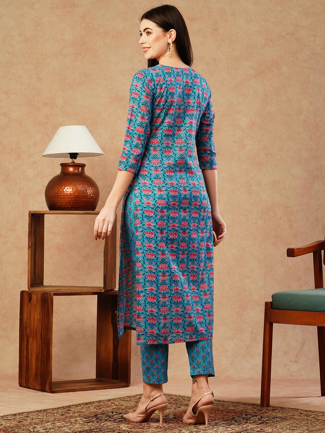 GoSriKi Women's Cotton Blend Printed Straight Kurta With Pant - Image 3