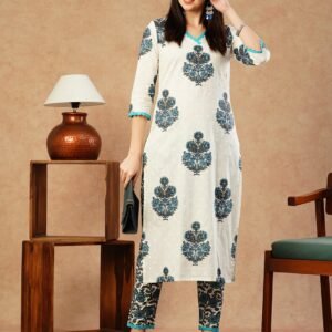 GoSriKi Women's Cotton Blend Straight Printed Kurta with Pant