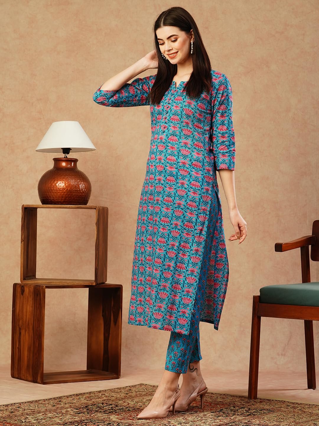 GoSriKi Women's Cotton Blend Printed Straight Kurta With Pant - Image 6