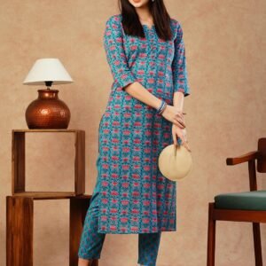 GoSriKi Women's Cotton Blend Printed Straight Kurta With Pant