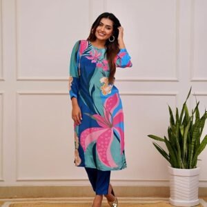 GoSriKi Women's Cotton Blend Straight Printed Kurta With Pant
