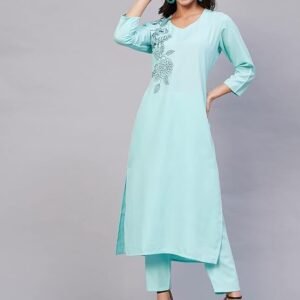 GoSriKi Women's Cotton Blend Embroidered Straight Kurta With Pant