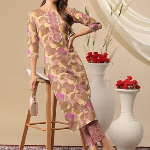 GoSriKi Women's Cotton Blend Straight Printed Kurta with Pant