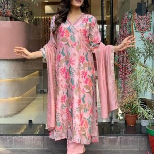 GoSriKi Women's Rayon Blend Printed Straight Kurta with Pant & Dupatta - XXL