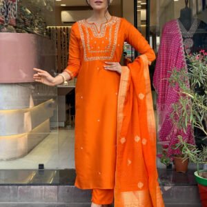 GoSriKi Women’s Rayon Blend Straight Kurta with Pant & Printed Dupatta