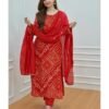 GoSriKi Women's Rayon Blend Straight Bandhani Printed Kurta with Pant & Dupatta - Image 2