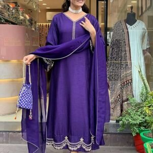 GoSriKi Women's Rayon Viscose Anarkali Embroidered Kurta with Pant & Dupatta - S