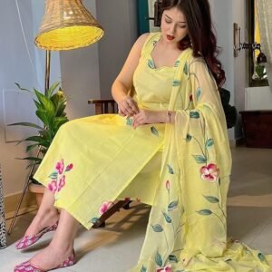 GoSriKi Women's Rayon Viscose Straight Printed Kurta with Pant & Dupatta - S