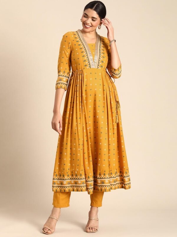 GoSriKi Women's Rayon Viscose Anarkali Printed Kurta with Pant