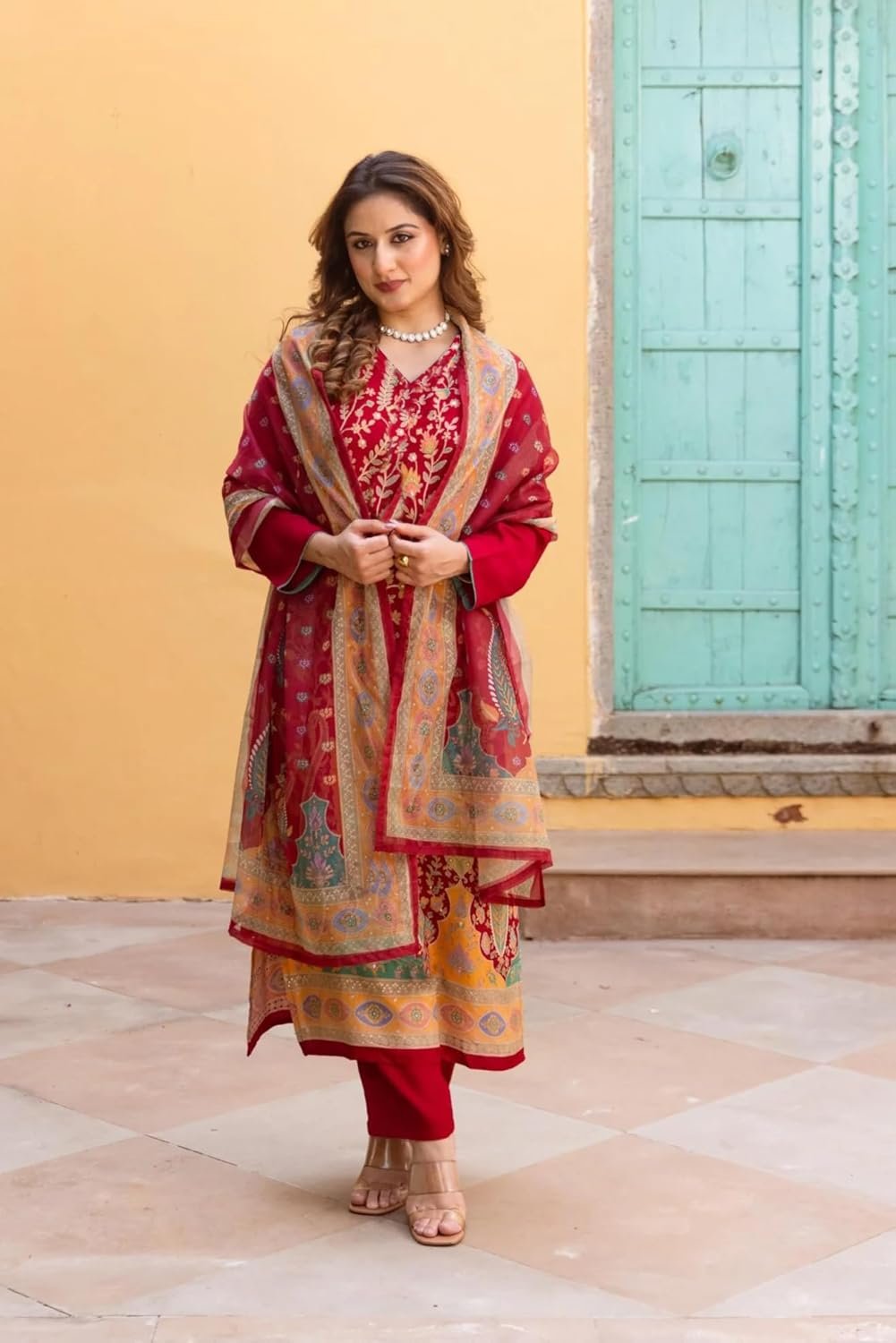 GoSriKi Women's Rayon Viscose Straight Printed Kurta with Pant & Dupatta