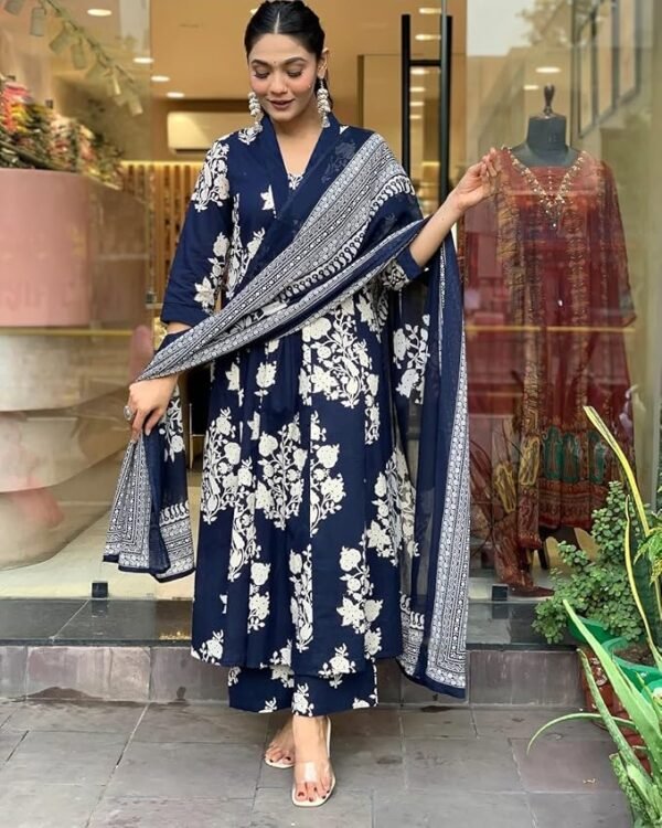 GoSriKi Women's Rayon Viscose Anarkali Printed Kurta with Palazzo & Dupatta