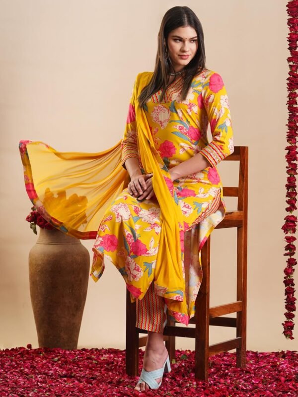 GoSriKi Women's Rayon Blend Casual Style Kurta With Pant & Dupatta