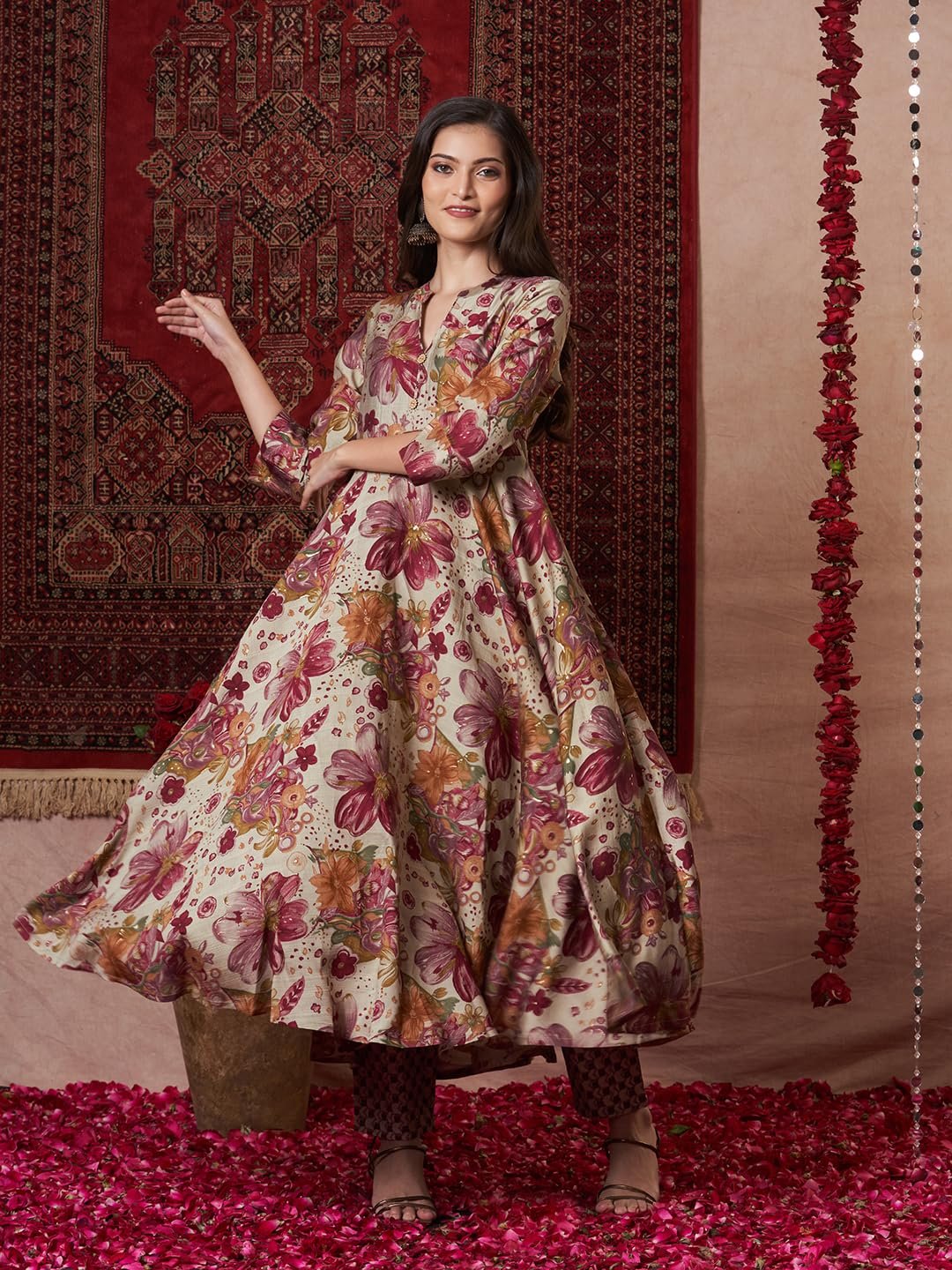 GoSriKi Women's Rayon Blend Anarkali Printed Kurta with Pant - Image 3