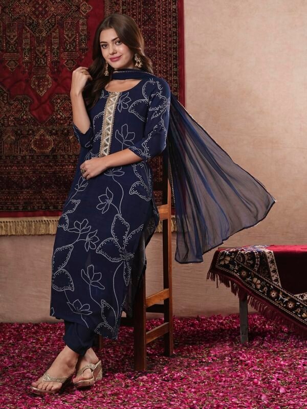 GoSriKi Women's Cotton Blend Straight Printed Kurta with Pant & Dupatta