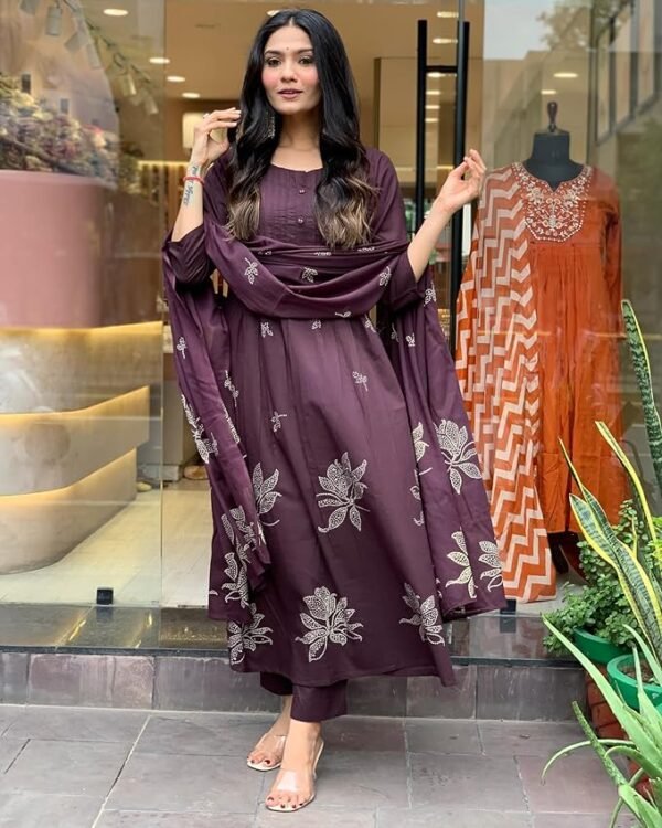 GoSriKi Women's Rayon Viscose Anarkali Printed Kurta with Pant & Dupatta