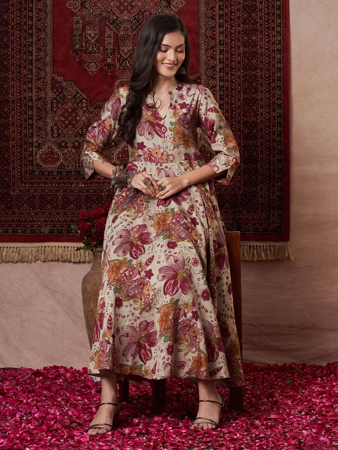 GoSriKi Women's Rayon Blend Anarkali Printed Kurta with Pant