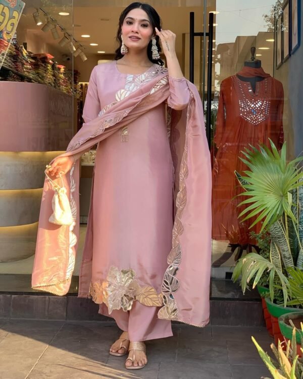 GoSriKi Women's Rayon Viscose Leafs Gold Lace Straight Kurta with Pant & Dupatta