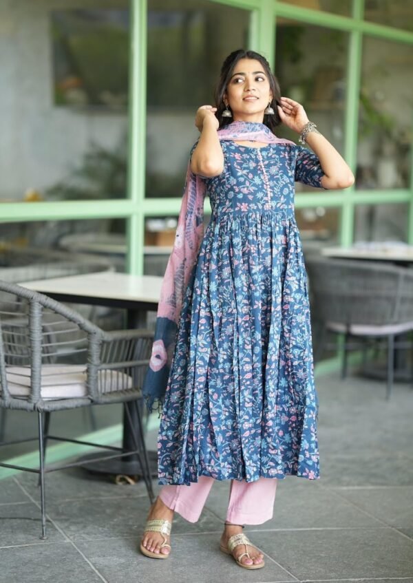 GoSriKi Women's Cotton Blend Anarkali Printed Kurta with Pant & Dupatta